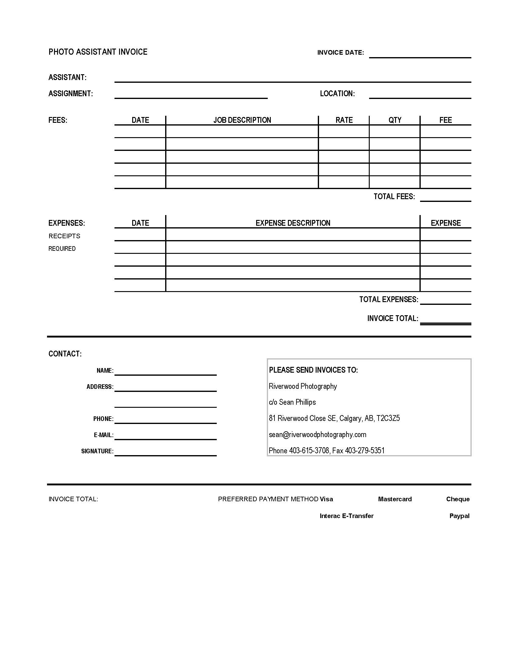 Riverwood Photography Photo Assistant Invoice - Excel